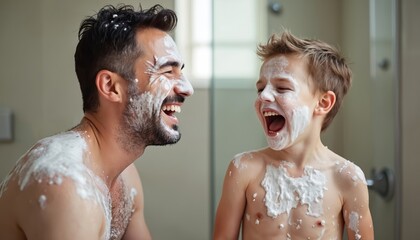 Father son have fun together in bathroom. Happy man and boy with white foam on faces laugh. Family enjoy time, play games in home. Happy childhood, positive emotions.