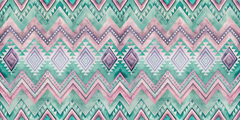 Colorful geometric pattern in pastel hues, featuring zigzag and diamond shapes.