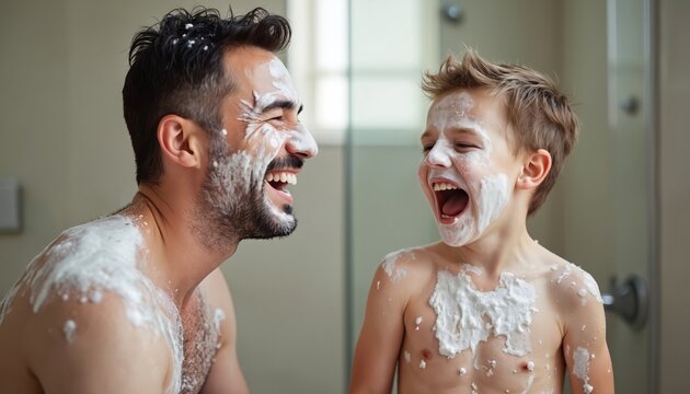 Father son have fun together in bathroom. Happy man and boy with white foam on faces laugh. Family enjoy time, play games in home. Happy childhood, positive emotions. - Powered by Adobe