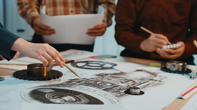A group of engineers collaborates on a turbine design project, engaging in discussions and reviewing technical drawings in a dynamic workspace atmosphere. SACTR