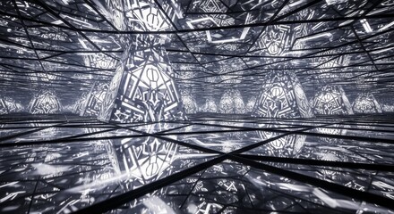 Abstract Geometric Pyramid Structure - Glowing pyramids with intricate designs in a reflective, mirrored environment. Modern, symmetrical, and futuristic