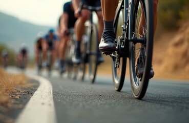 Pro cyclists race on asphalt road during summer. Close-up focus on bike wheels and athletes legs in motion. Cyclists compete for speed fitness. Road bike competition outdoors.