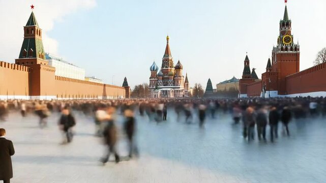 Motion Blur Captures a Crowd of People Walking Across Red Square in Moscow