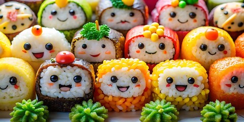 Adorable and Colorful Kawaii Sushi Rolls with Smiling Faces and Vibrant Toppings