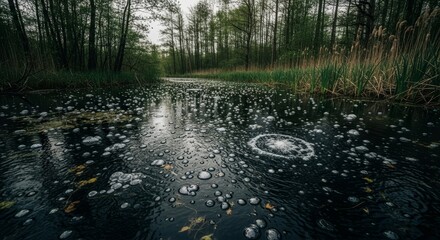 Bubbles on Forest Stream - Numerous bubbles rise to the surface of a dark, calm stream flowing through a lush green forest
