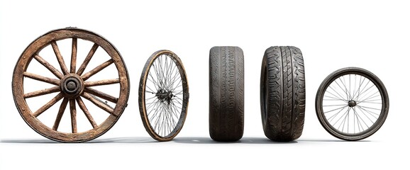 Fototapeta premium Evolution of the Wheel showcasing the ingenuity from rustic wooden spokes to the modern tire on a clean white