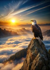 Fototapeta premium Bald Eagle Perched on Mountain Peak Overlooking Valley of Clouds at Sunset