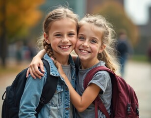 Fototapeta na wymiar Two young girls with school backpacks hugging. Friends smiling, happy after school. Students enjoying day together, embracing. Friendship bonding concept. Back to school theme.