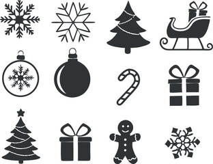 Silhouette black Christmas icons set. holiday symbols vector art illustration.