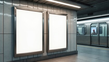 Blank movie posters mockups in urban subway environment. Subway car in background. Modern design template. Public transport, advertisement concept. White space for poster design. Subway station