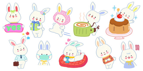 Cute pastel  bunny in various emotions set .  working , good mood, in love. Adorable white rabbit characters for clipart ,decoration, prints , cover, greeting card, sticker.  warm minimalism style