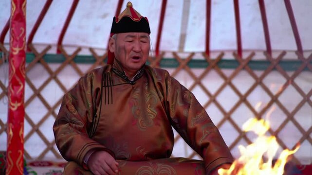 Hyperlocal world traditions: Mongolian throat singer beside a ritual fire near a yurt, with smoke drifting into the twilight sky
