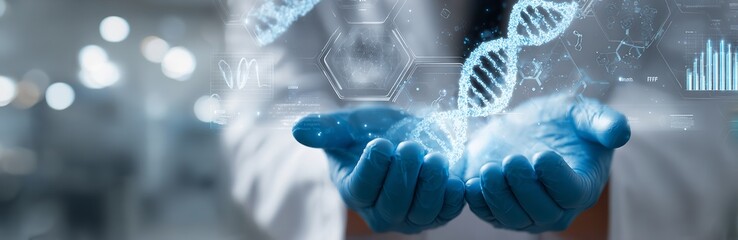 A scientist holds a DNA strand envisioning future innovations in genetics within their lab with a futuristic