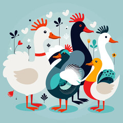 Colorful Duck Family Illustration-Quirky Bird Art on Light Blue-Whimsical Waterfowl Graphic with Hearts and Foliage-Perfect for Children's Decor