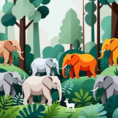 Naklejka premium Colorful Elephants in Lush Forest Illustration-Whimsical Animal Art for Kids-Cute Deer and Elephant Herd in Green Jungle Scene