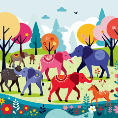 Fototapeta premium Colorful Elephant Parade Illustration-Whimsical Animal Art-Nature Scene with Elephants-Kids Room Decor-Playful Wildlife Design-Fantasy Landscape-Childrens Art