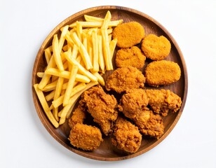 Top-down view of fried chicken, nuggets, and French fries served on a wooden plate, no greens added