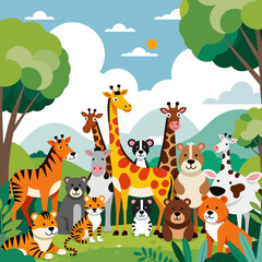 Fototapeta premium Cute Animal Cartoon Illustration- Giraffes- Tigers- Bears- And More Gather Together in a Lush Green Forest- Perfect for Children's Books- Wall Art- And Educational Resources