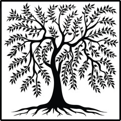 Black Silhouette Tree with Roots and Leaves – Symbolic Nature and Growth Vector Art