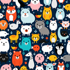 Fototapeta premium Cute Cartoon Animals Seamless Pattern for Kids- Whimsical Wildlife Illustration for Children's Decor- Playful Animal Characters on Dark Blue Background-Ideal for Nursery Art