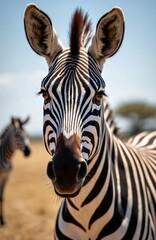 Naklejka premium Zebra portrait front view Serengeti National Park Tanzania. Head details with brown eyes. Black and white stripes pattern. Another zebra blurred in background. Wild animal in Africa.