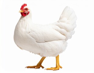 Fototapeta premium Full-bodied white chicken with fluffy feathers and red comb, isolated on white