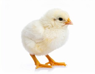 Fototapeta premium Fluffy yellow chick with black eyes standing on white background, facing right