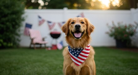 Golden Retriever Dog Wearing Patriotic Bandana in Backyard