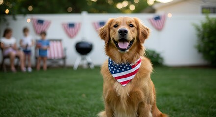 Patriotic Golden Retriever Dog in Backyard for 4th of July