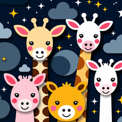 Obraz premium Cute Giraffe Cartoon Animals at Night-Adorable Giraffe Faces with Stars and Clouds-Whimsical Giraffe Illustration for Kids-Playful Giraffe Characters with Pink Cheeks and Smiles