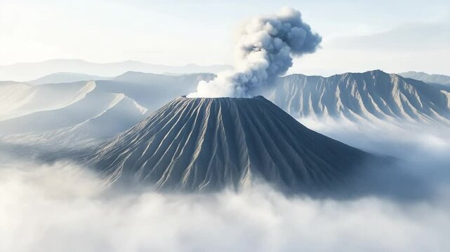 Majestic Mount Bromo emerging from a sea of clouds, scenic volcanic landscape