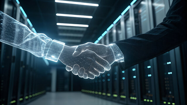 Digital handshake between human and ai in a server room