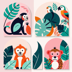 Obraz premium Cute Jungle Animal Art Prints-Colorful Monkeys Parrots and Tropical Leaves-Modern Kids Room Decor-Playful Animal Illustrations for Nursery Walls