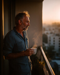 A Middle-aged Man Sipping Tea On A Small Apartment Balcony During Early Morning, City View In The Background, Wearing Casual Clothes, Quiet Mood, Steam From The Cup Rising, Sunrise Golden Hour