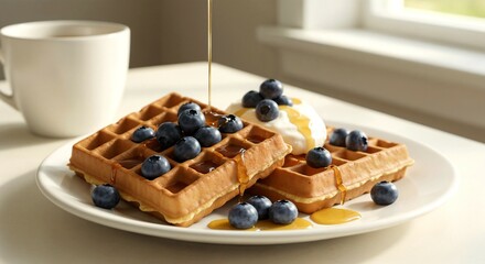 Belgian homemade waffles with blueberry and drizzling with syrup on table near window with morning light. Sweet tasty breakfast or brunch, blurred cup of coffee or tea on background