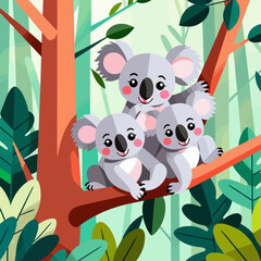 Naklejka premium Cute Koala Family in Tree- Cartoon Illustration of Mother and Baby Koalas- Adorable Wildlife Art for Kids- Forest Scene with Playful Koalas- Perfect for Children's Decor
