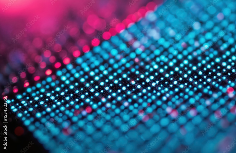 Poster close-up led screen with blurred background. blue, red dots grid pattern. digital tech, display tech