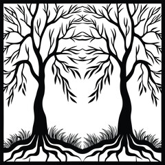 Black Silhouette Tree with Roots and Leaves – Symbolic Nature and Growth Vector Art