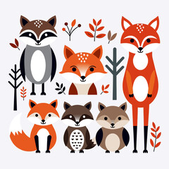 Fototapeta premium Cute Woodland Animals Illustration Featuring Foxes and a Raccoon- Whimsical Forest Creature Art for Kids- Modern Scandinavian Style Animal Design