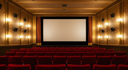 Empty Classic Movie Theater Auditorium with Large Screen and Red Seats