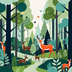Deer in Forest Illustration-Stylized Woodland Scene-Nature Art with Deer-Green and Teal Forest-Modern Graphic Design-Deer Family in Woods-Wildlife Art-Forest Animals