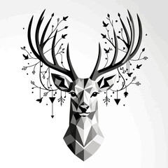 Geometric Deer Head with Floral Antlers-Modern Black and White Illustration-Unique Animal Art Print-Abstract Deer Design-Stylish Wall Decor-Nature Inspired Artwork