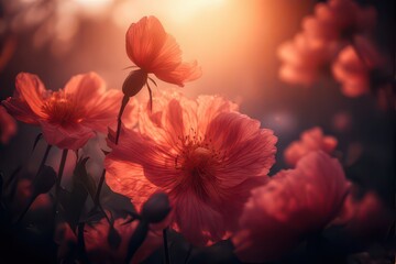 Glowing poppy flowers with delicate petals bathed in the warm golden light of sunset creates a stunning and serene scene that evokes feelings of peace and tranquility .