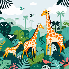 Obraz premium Giraffe Family in Lush Jungle Illustration-Colorful Wildlife Art for Kids-Tropical Leaves and Birds-Cute Animal Artwork-Nature Inspired Design