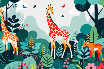 Giraffe Family in Lush Jungle Illustration- Whimsical Animal Art for Kids- Vibrant Colors and Playful Design- Nature Inspired Decor- Perfect for Nursery or Playroom Wall Art