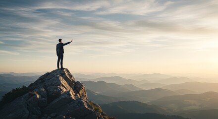 Man Reaching Out to the Sunrise from Mountain Peak Success, Achievement, and Vision