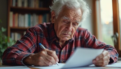 Senior man reviews Social Security survivor benefits paperwork at desk. Somber expression, emphasizing understanding benefits. Elder, retirement, financial planning, social security, support, family