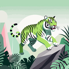 Green Tiger Illustration-Jungle Scene-Modern Art Print-Striking Feline Design-Animal Artwork-Unique Wall Decor-Contemporary Tiger Image-Wildlife Art-Tropical Vibes