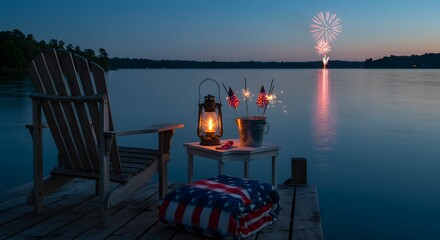 Serene Lakeside Fireworks Display Fourth of July Celebration