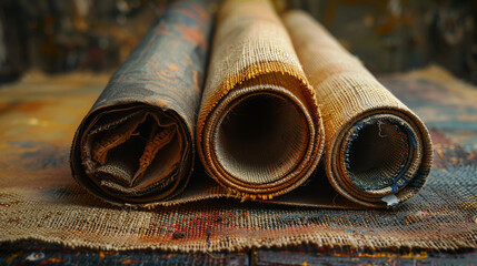 Rolled up artist canvas with visible roll creases and fabric detail.